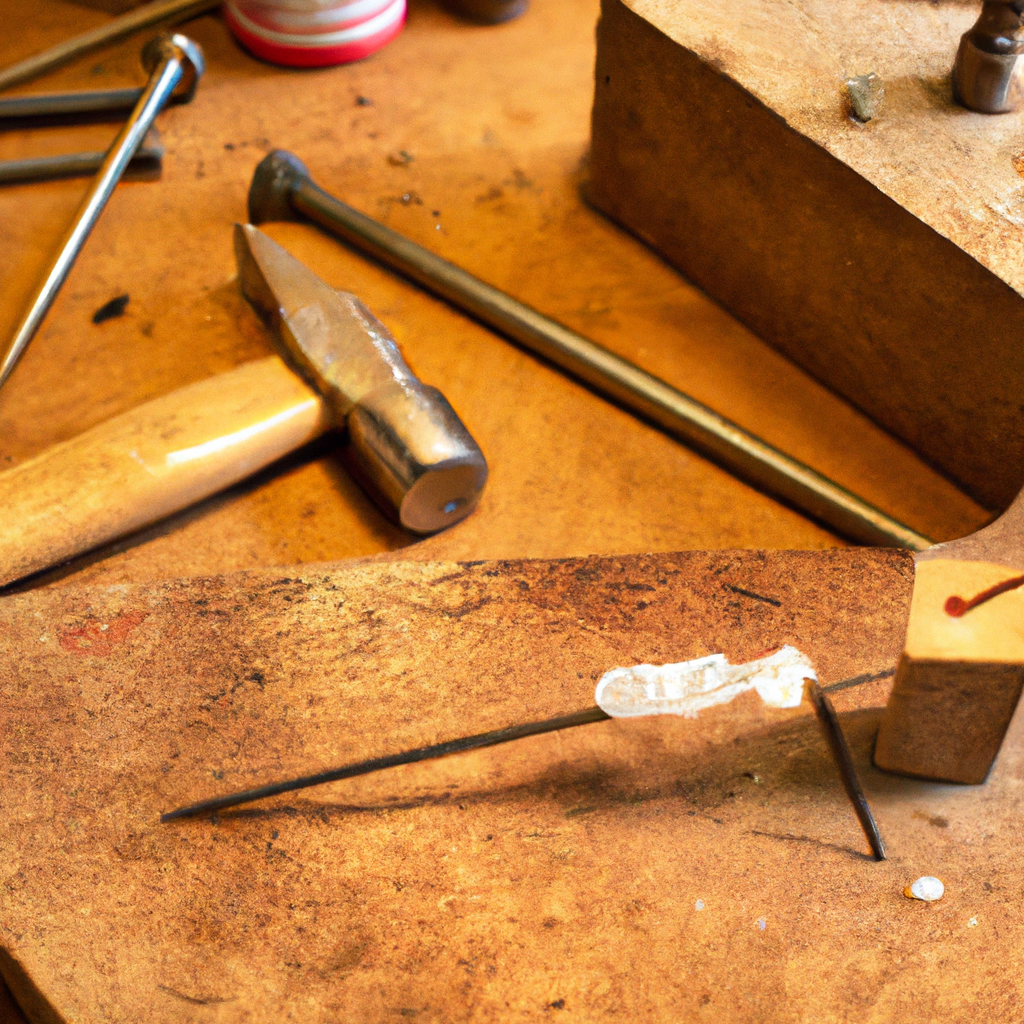 Macro shot of an artisan jewelry workbench with hammer, mandrel, silver wire in warm daylight on wood