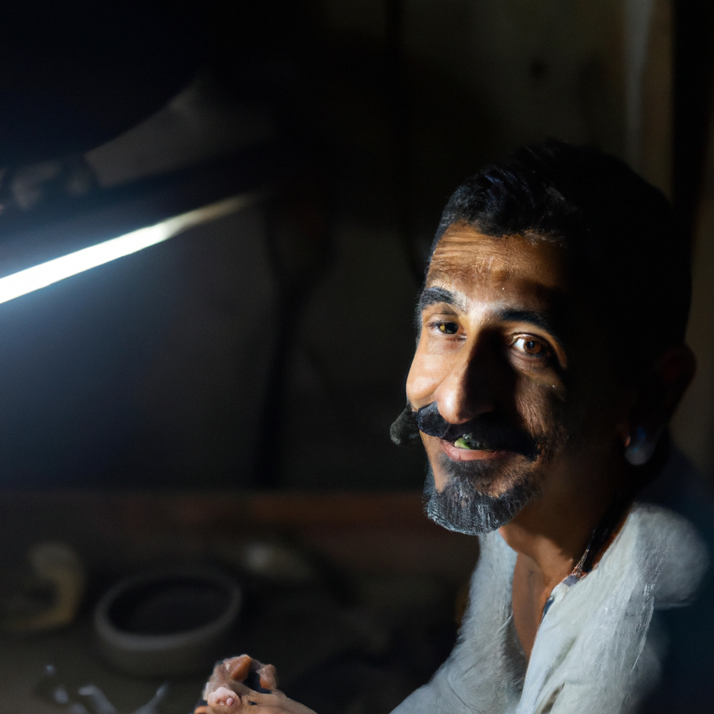 Portrait of smiling artisan jeweler in a sunlit studio close-up